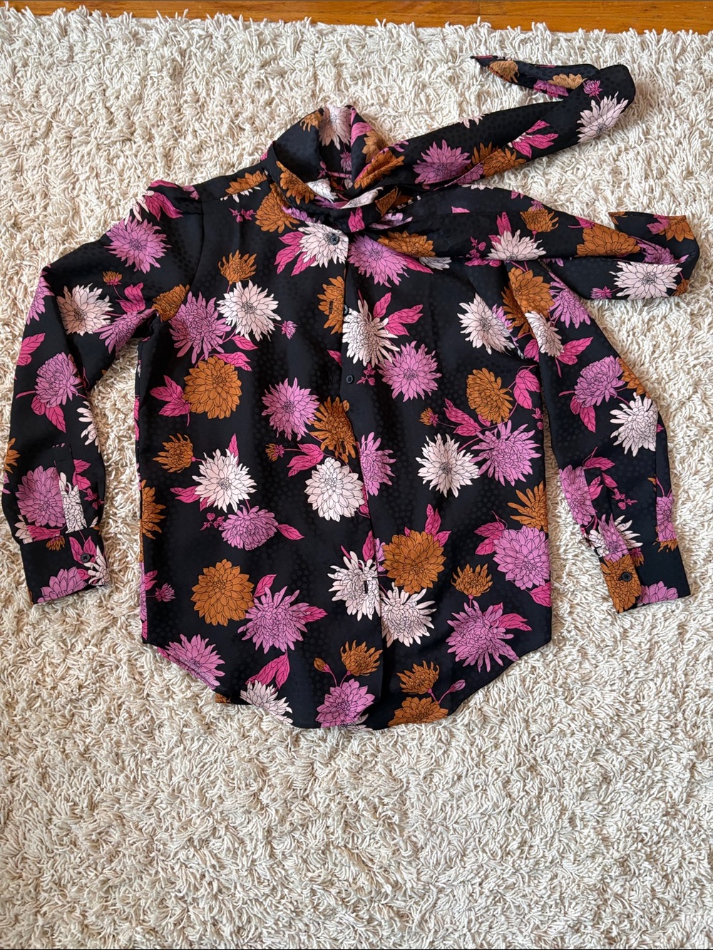 Ann Taylor Black Floral Tie-Neck Blouse